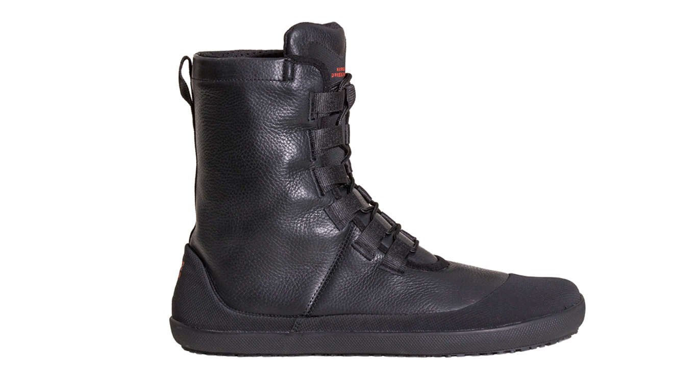 Barfußwinterstiefel für Erwachsene mit Schnürung, breiter Zehenbox und geschlossenem Schaft, Seitenansicht außen
