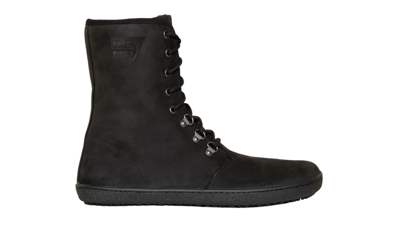 Barfußwinterstiefel für Erwachsene mit Schnürung, breiter Zehenbox und geschlossenem Schaft, Seitenansicht außen