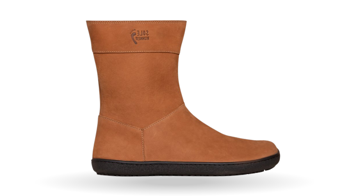 Barfußwinterstiefel, geschlossene Zehen und geschlossener Fersenbereich, ohne Verschluss, flexible Sohle, Seitenansicht außen