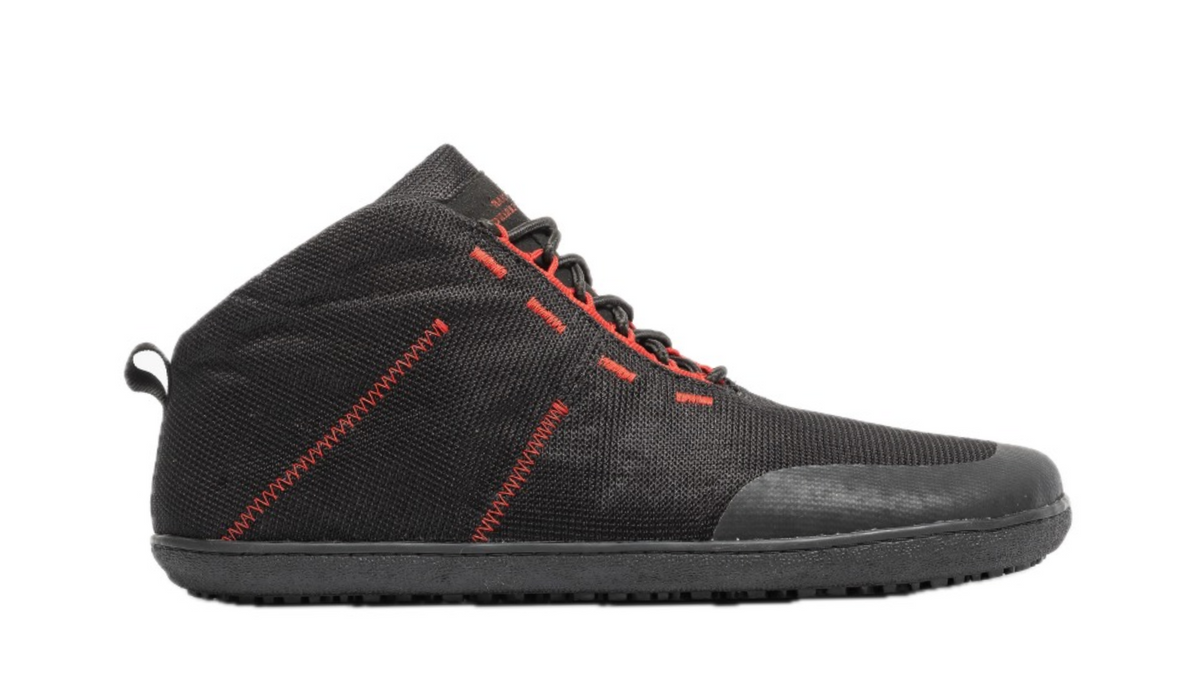 Schwarze Barfuß-Schuhe von Sole Runner aus Textil mit roten Nähten und Schnürung