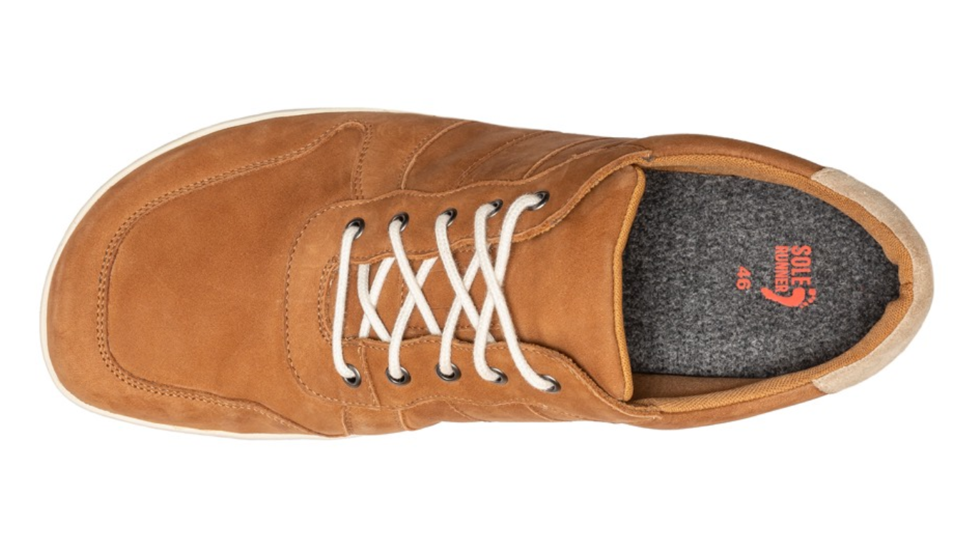 Barfußschuh, geschlossene Zehen und geschlossener Fersenbereich, Schnürung mit Ösen, flexible Sohle, Einzelschuh, Draufsicht