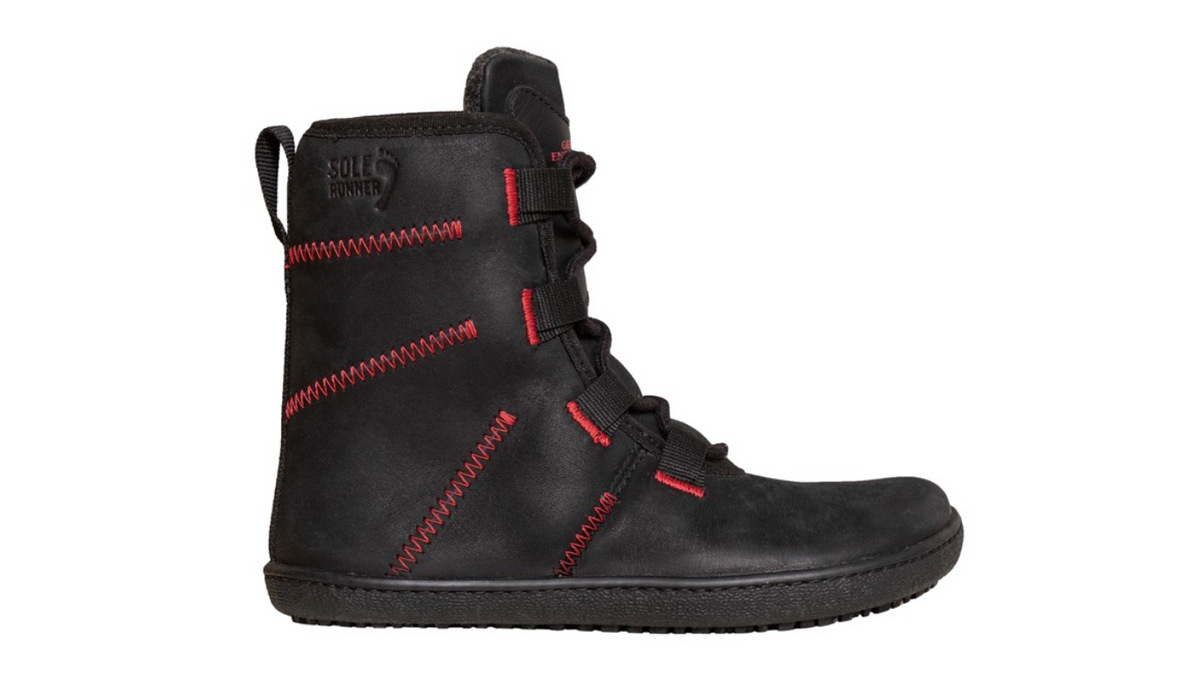 Kinder Barfußwinterstiefel, geschlossene Zehen und geschlossener Fersenbereich, Schnellverschluss, flexible Sohle, einzelner Schuh, Seitenansicht außen