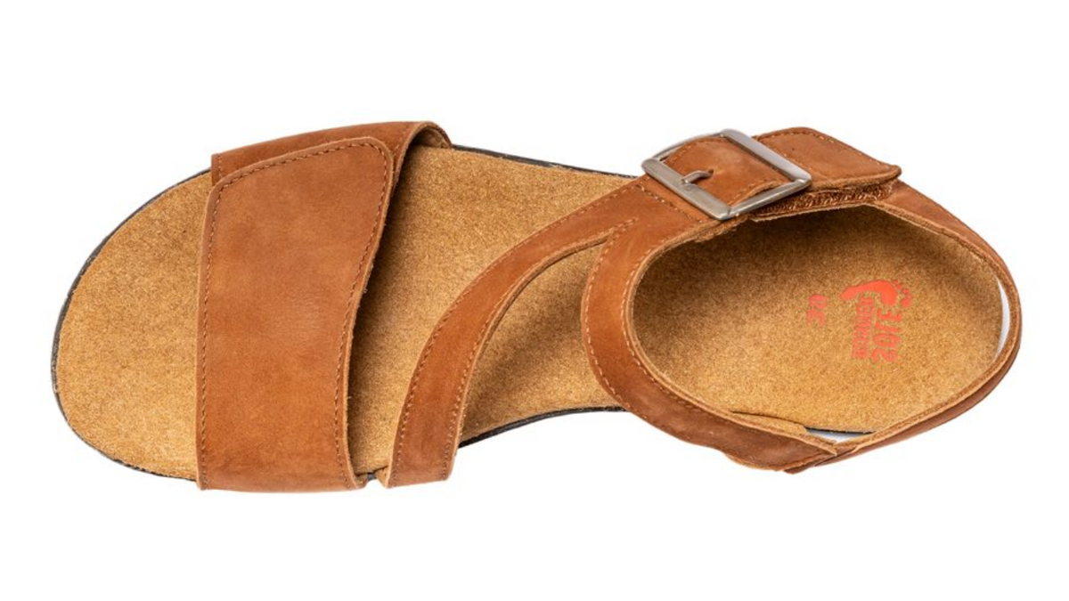 Barfußsandale, offene Zehen und offener Fersenbereich, mehrere Riemen mit Schnallen, flexible Sohle, einzelner Schuh, Draufsicht