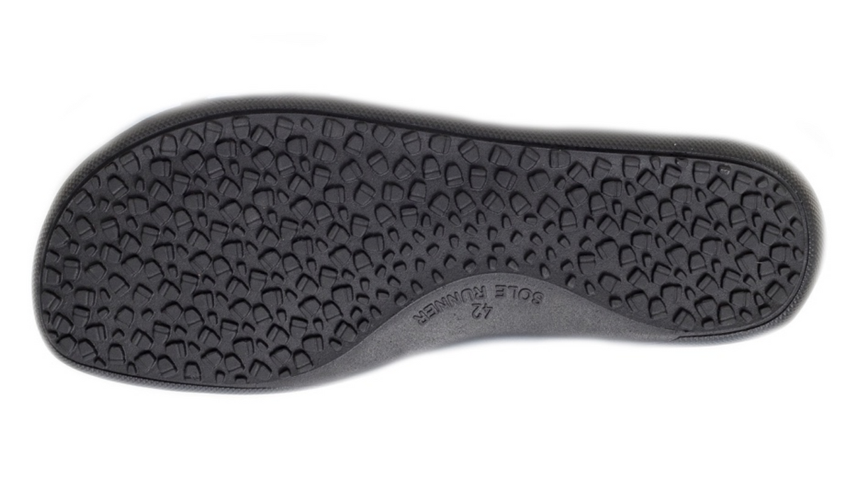 Barfußschuh, flexible Sohle mit Profilstruktur, einzelner Schuh, Ansicht von unten