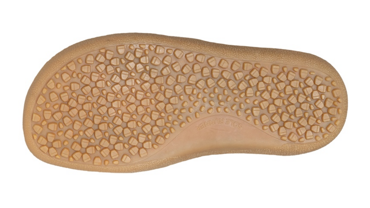 Barfußschuh, flexible Sohle mit Profilstruktur, einzelner Schuh, Ansicht von unten