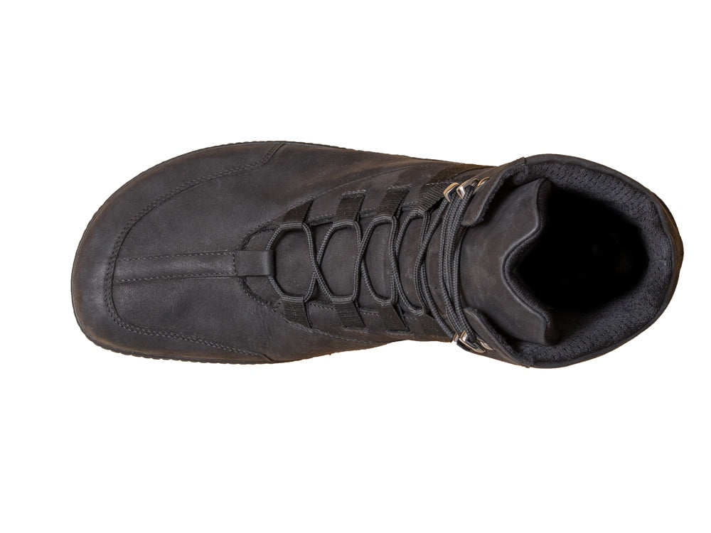 Barfußwinterstiefel, geschlossene Zehen und geschlossener Fersenbereich, Schnürsenkel mit Ösen, flexible Sohle, einzelner Schuh, Draufsicht