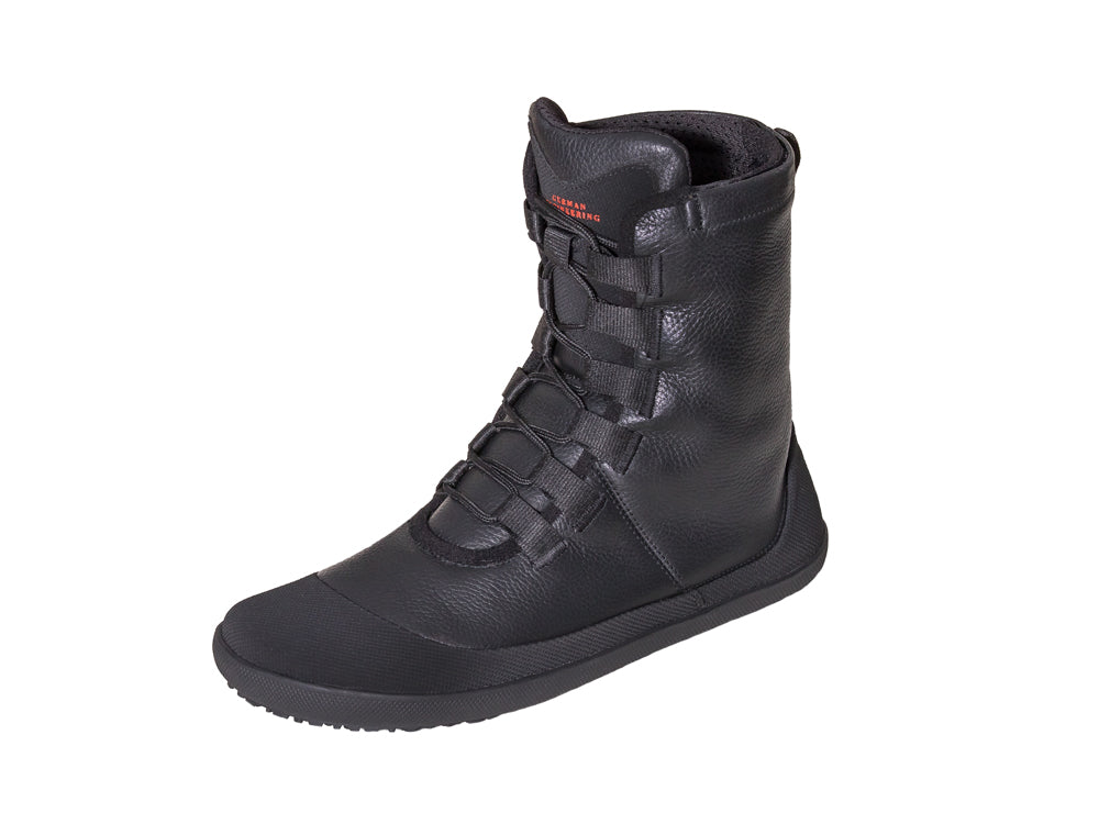 Barfußwinterstiefel für Erwachsene mit Schnürung, breiter Zehenbox und geschlossenem Schaft, schräge Vorderansicht