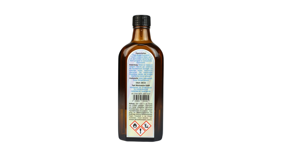 Flasche Tapir Kunststoffpflege mit Schraubverschluss und rückseitigem Produktetikett, Rückansicht