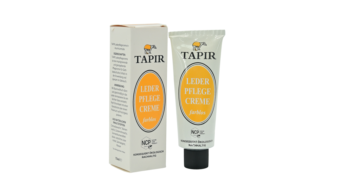 Tapir Lederpflegecreme mit Tube, Schraubverschluss und Verpackung mit Produktbeschriftung, schräge Vorderansicht