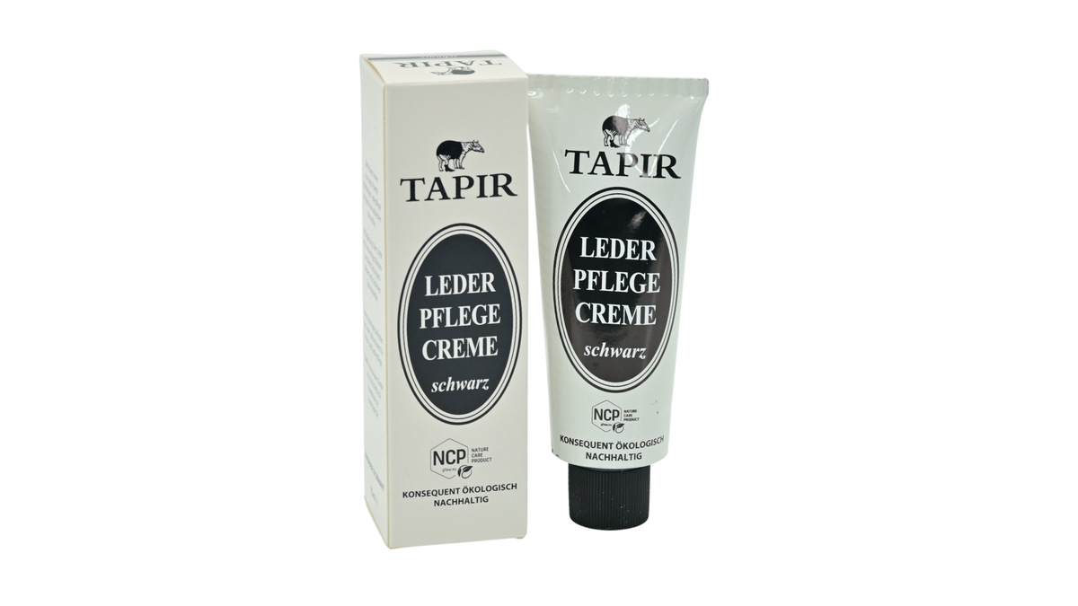 Tapir Lederpflegecreme mit Tube, Schraubverschluss und Verpackung mit Produktbeschriftung, schräge Vorderansicht