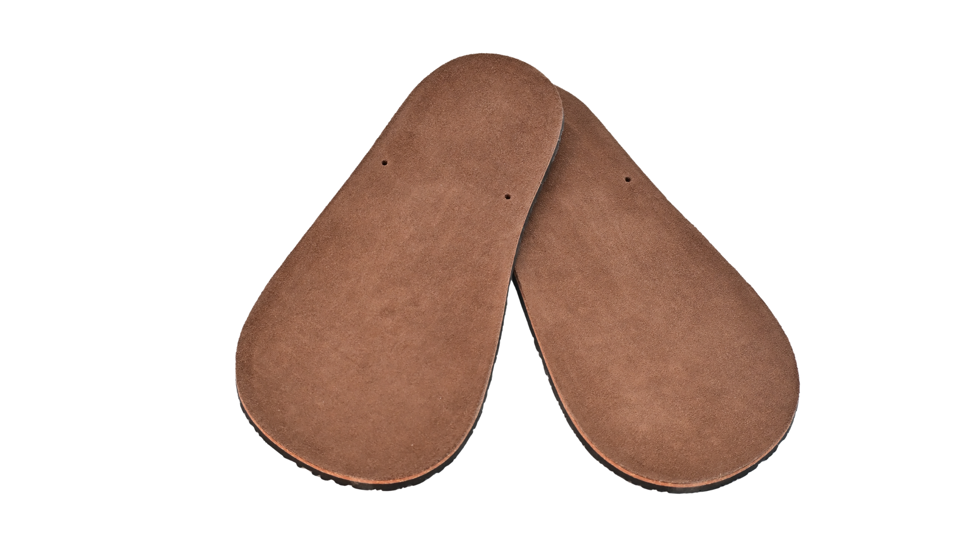 Paar Barfußsandalen-Einlegesohlen in Draufsicht, mit breitem Vorfuß und glatter Oberfläche.