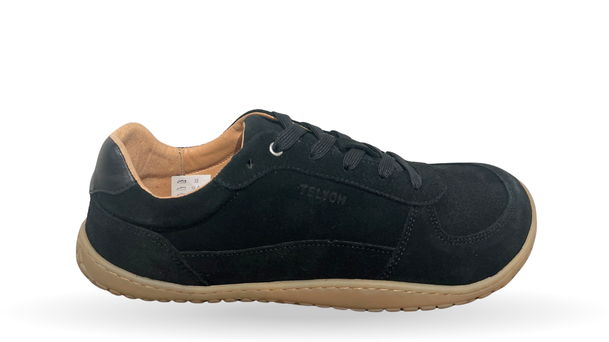 Barfußschuh für Erwachsene, geschlossene Zehenpartie, geschlossener Fersenbereich, Schnürung, Perforation im Zehenbereich, flache Sohle, Seitenansicht außen