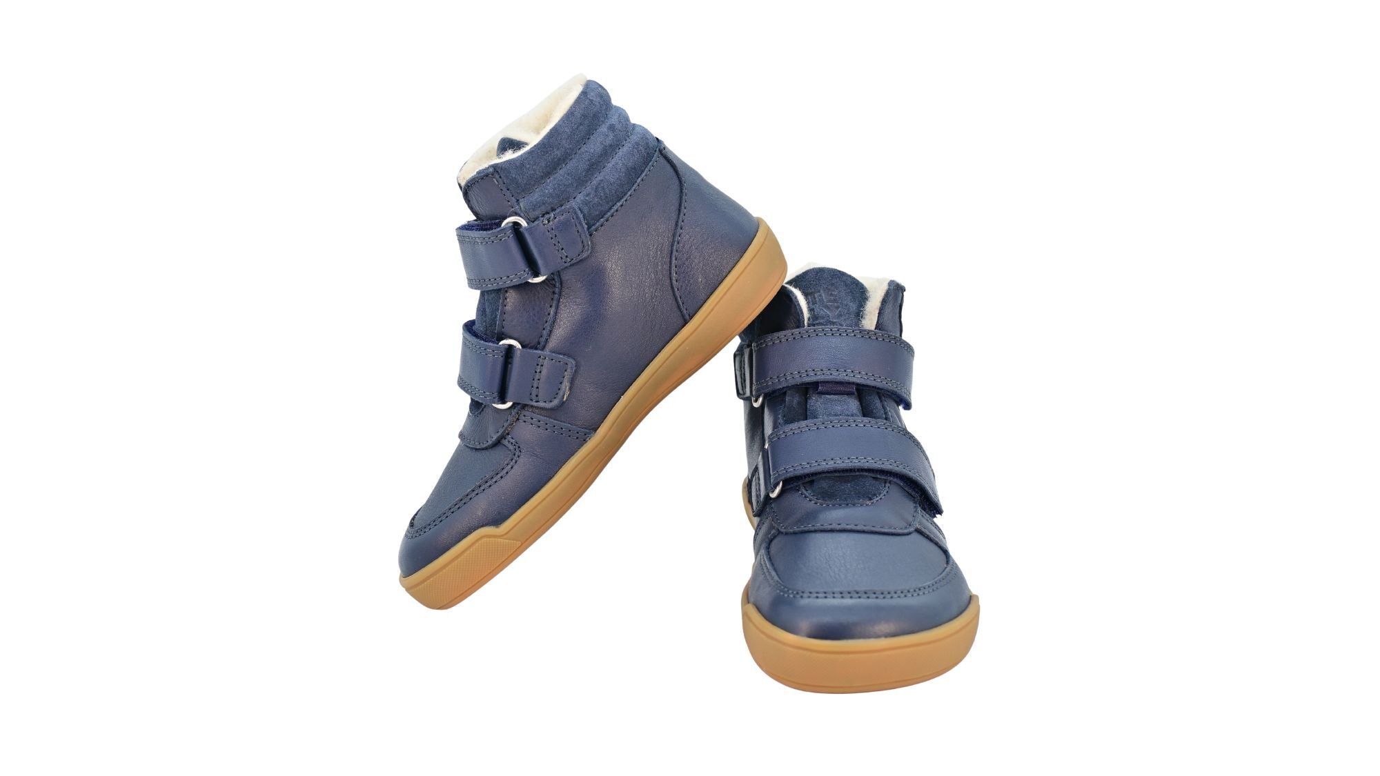 Barfußschuh für Kinder, geschlossene Zehenpartie, geschlossener Fersenbereich, zwei Klettverschlüsse, gepolsterter Schaftrand, flache Sohle, Seiten- und Vorderansicht, Paar