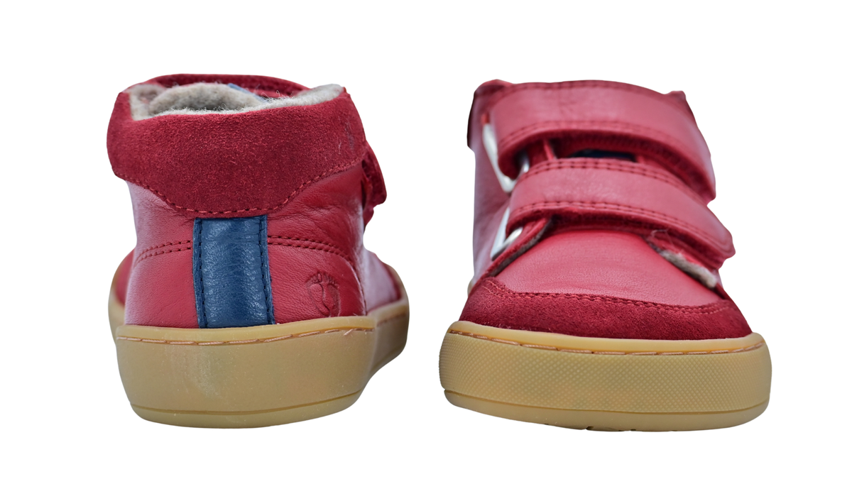 Halbhohe Barfußschuhe für Kinder mit zwei Klettverschlüssen und geschlossener Ferse, Rückansicht und Vorderansicht