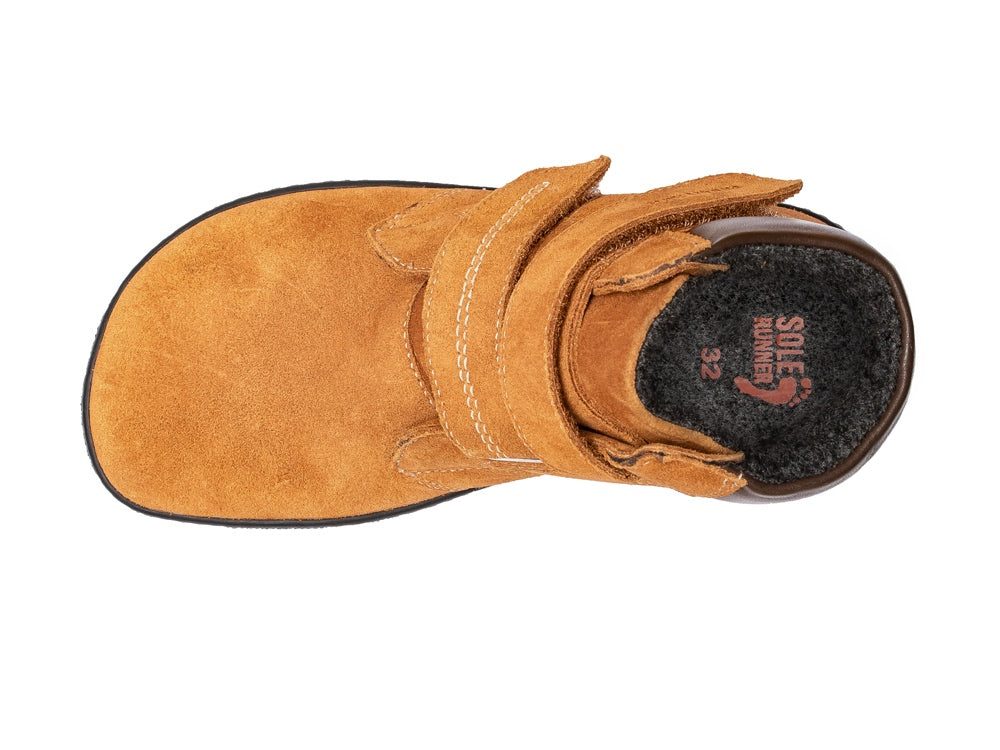 Barfußwinterstiefel für Kinder mit breiter Zehenbox, zwei Klettverschlüssen und geschlossenem Schaft, Draufsicht