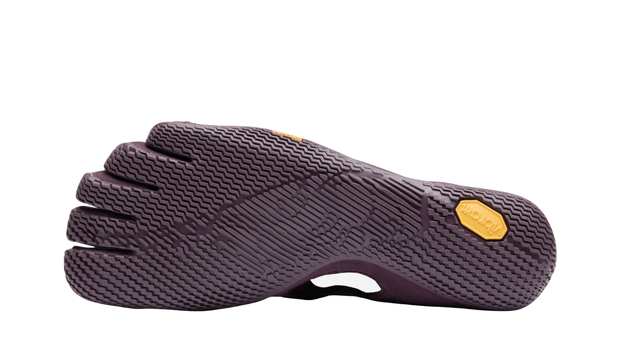 Zehenschuh mit separaten Zehenfächern, Riemenverschluss, seitlichen Ausschnitten und geschlossener Ferse, Einzelschuh, Ansicht von unten