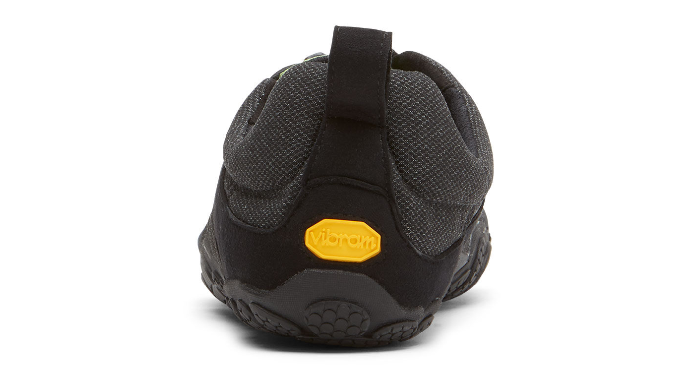 Barfußschuh für Erwachsene mit Schnürung, fünf einzelnen Zehenkammern und profilierter Sohle als Paar, Rückansicht