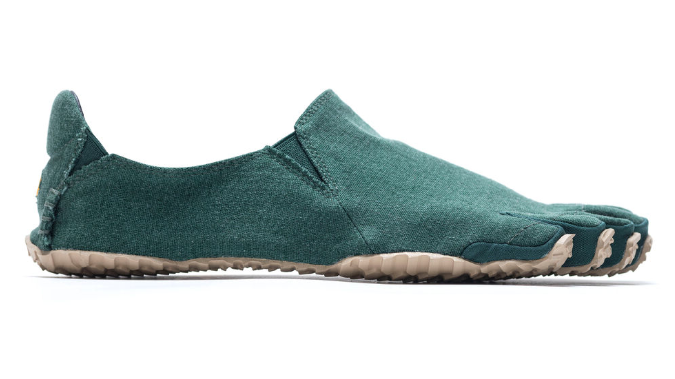 Barfußschuh für Erwachsene ohne Verschluss mit fünf einzelnen Zehenkammern und flacher Sohle, Seitenansicht außen
