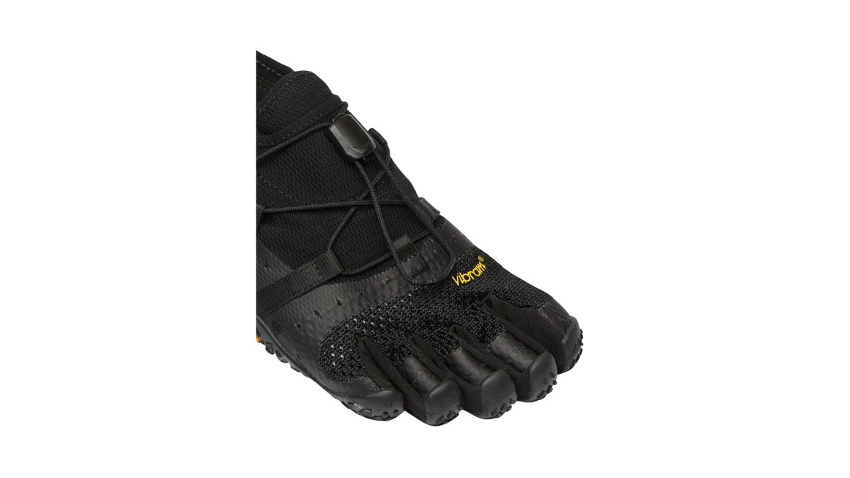 Zehenschuh mit separaten Zehenfächern, Schnellverschluss, seitlichen Riemen und offener Ferse, Einzelschuh, Detailansicht Zehenfächer