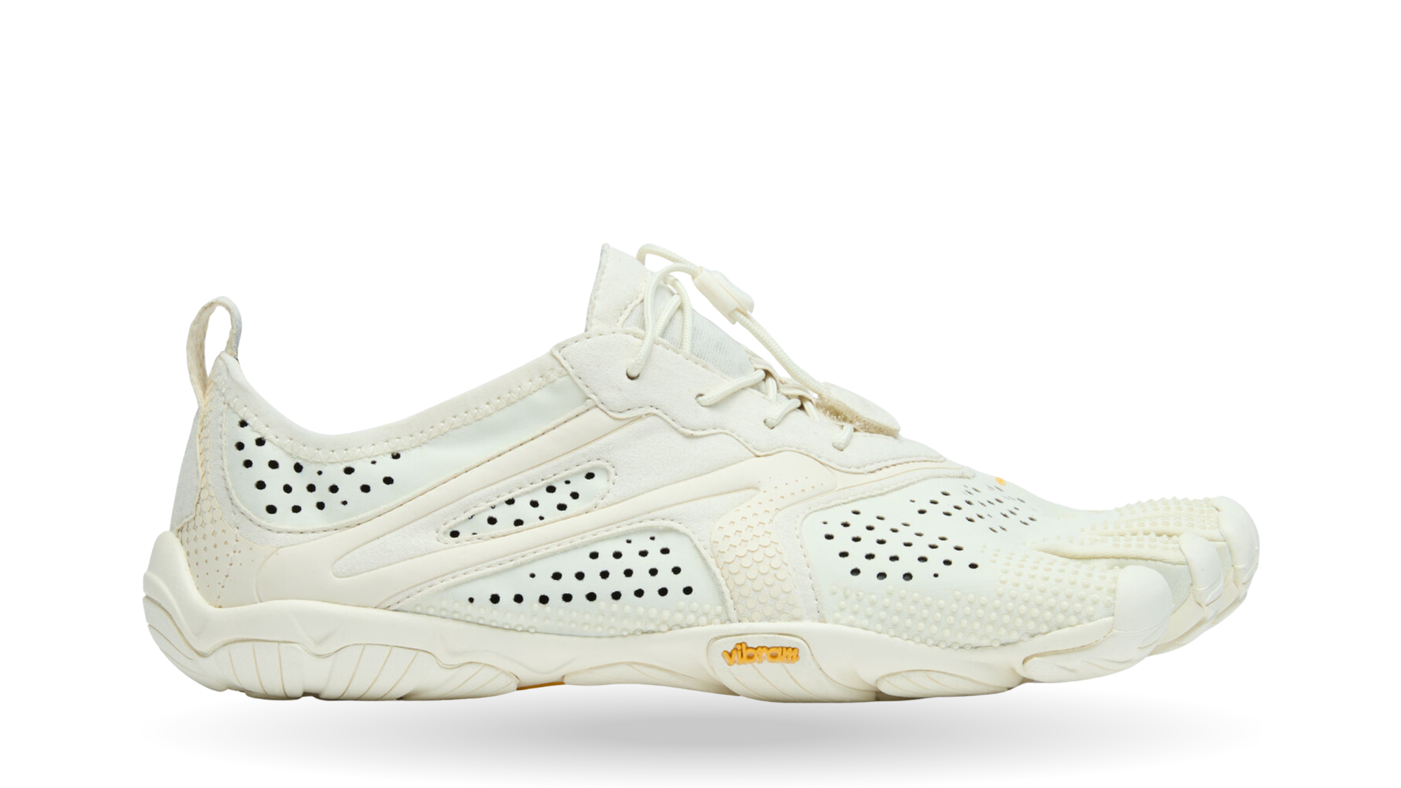 Zehenschuh mit separaten Zehenfächern, Schnellverschluss, Perforationen und geschlossener Ferse, Einzelschuh, Seitenansicht außen