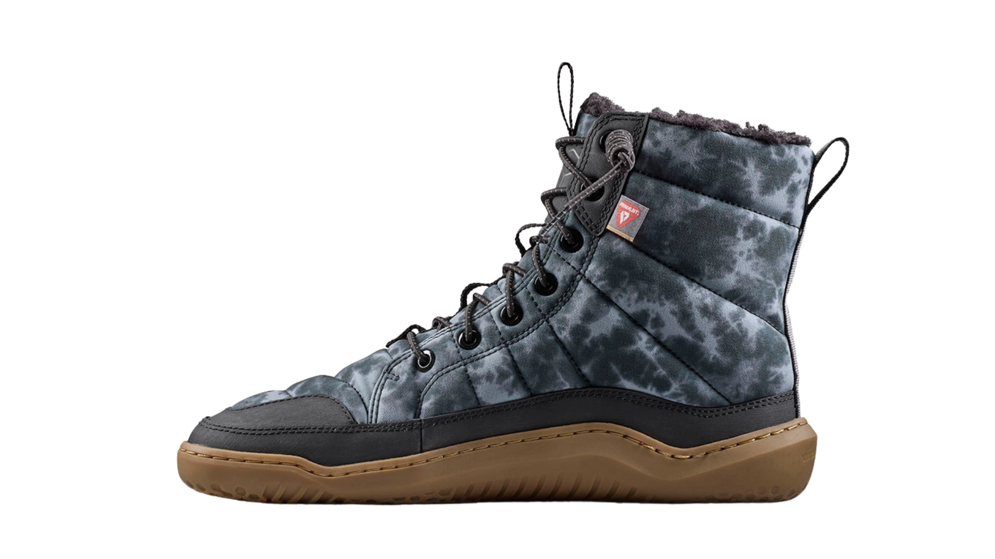 Barfußwinterstiefel, geschlossene Zehen und geschlossener Fersenbereich, Schnürung mit Ösen, profilierte Sohle, Seitenansicht innen, Einzelschuh