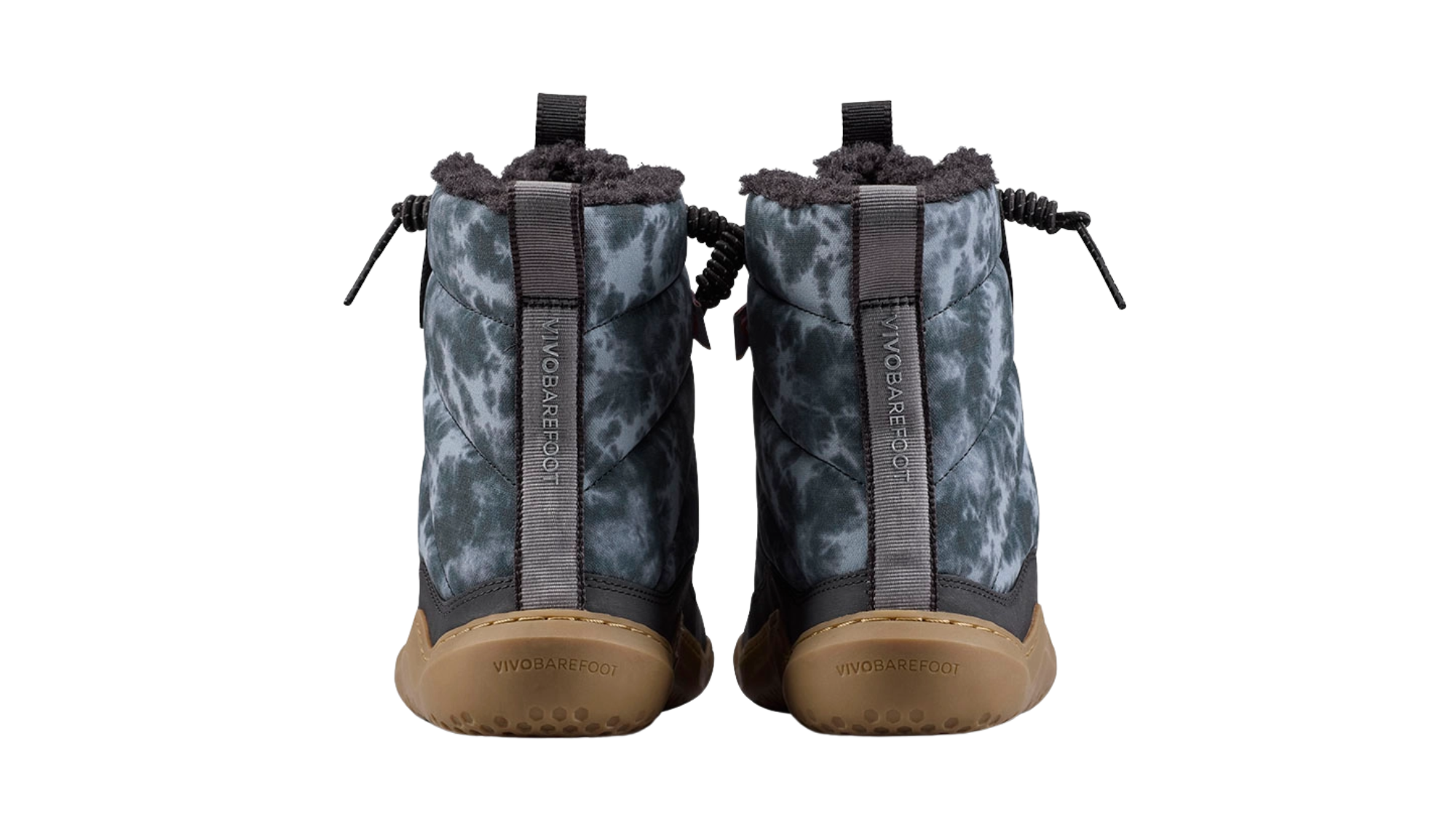 Barfußwinterstiefel, geschlossene Zehen und geschlossener Fersenbereich, Schnürung mit Ösen, profilierte Sohle, Rückansicht als Paar