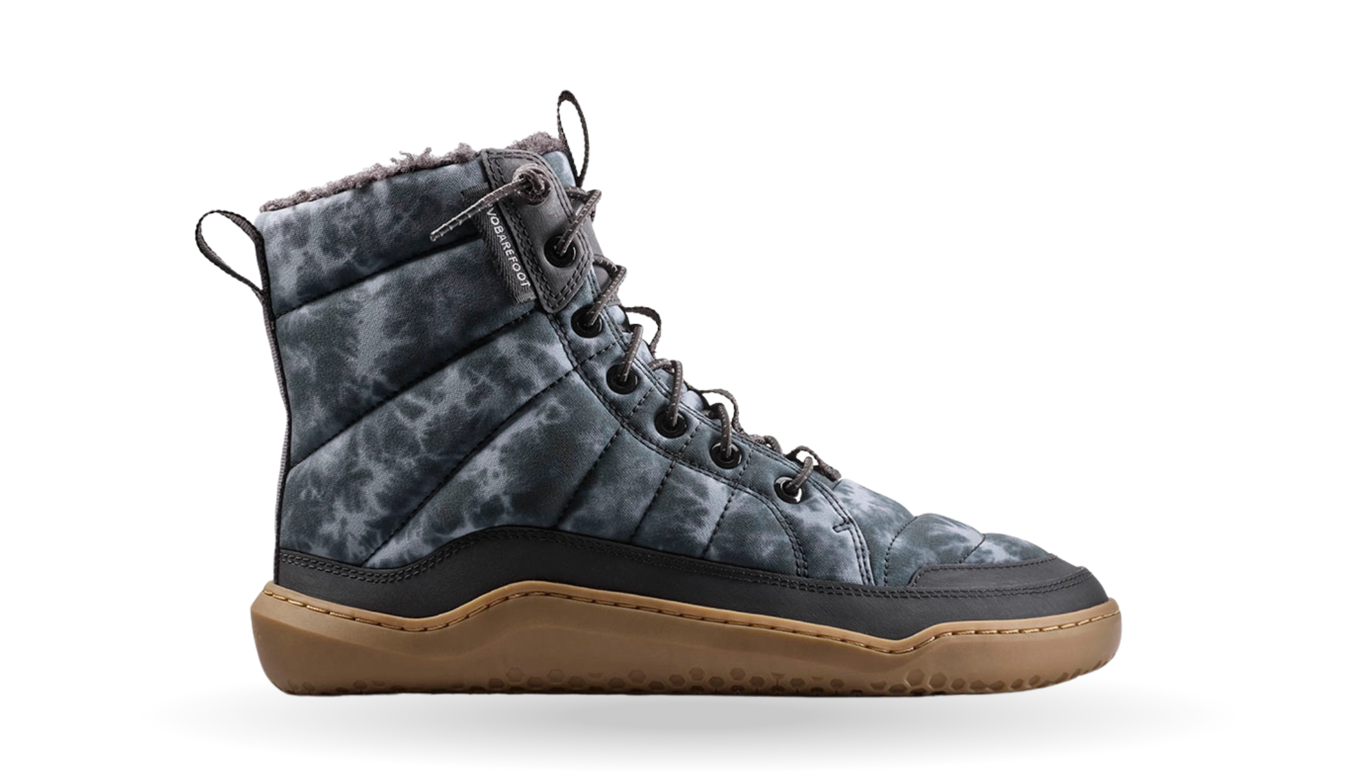 Barfußwinterstiefel, geschlossene Zehen und geschlossener Fersenbereich, Schnürung mit Ösen, profilierte Sohle, Seitenansicht außen, Einzelschuh