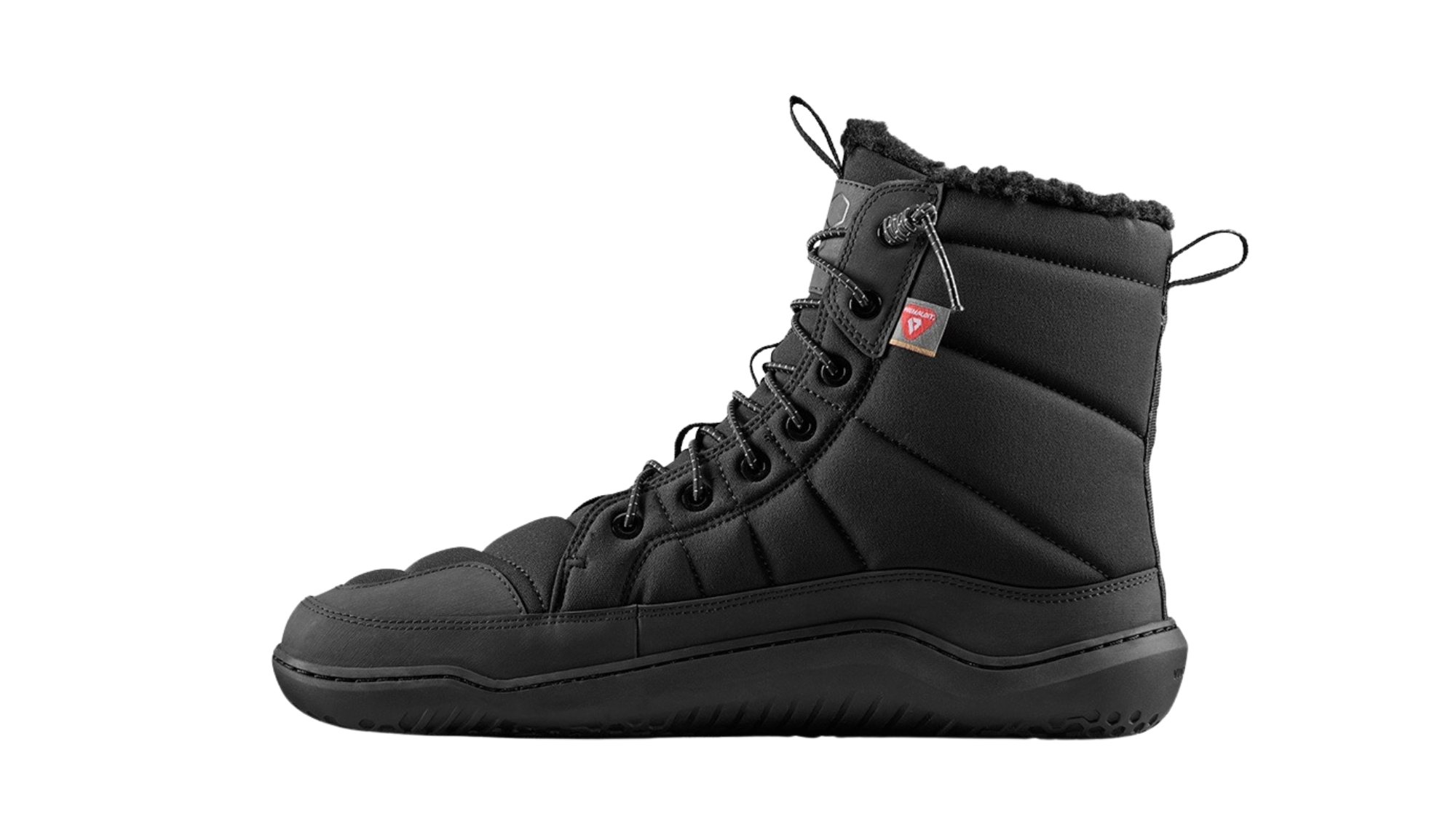 Barfußwinterstiefel, geschlossene Zehen und geschlossener Fersenbereich, Schnürung mit Ösen, profilierte Sohle, Seitenansicht innen, Einzelschuh