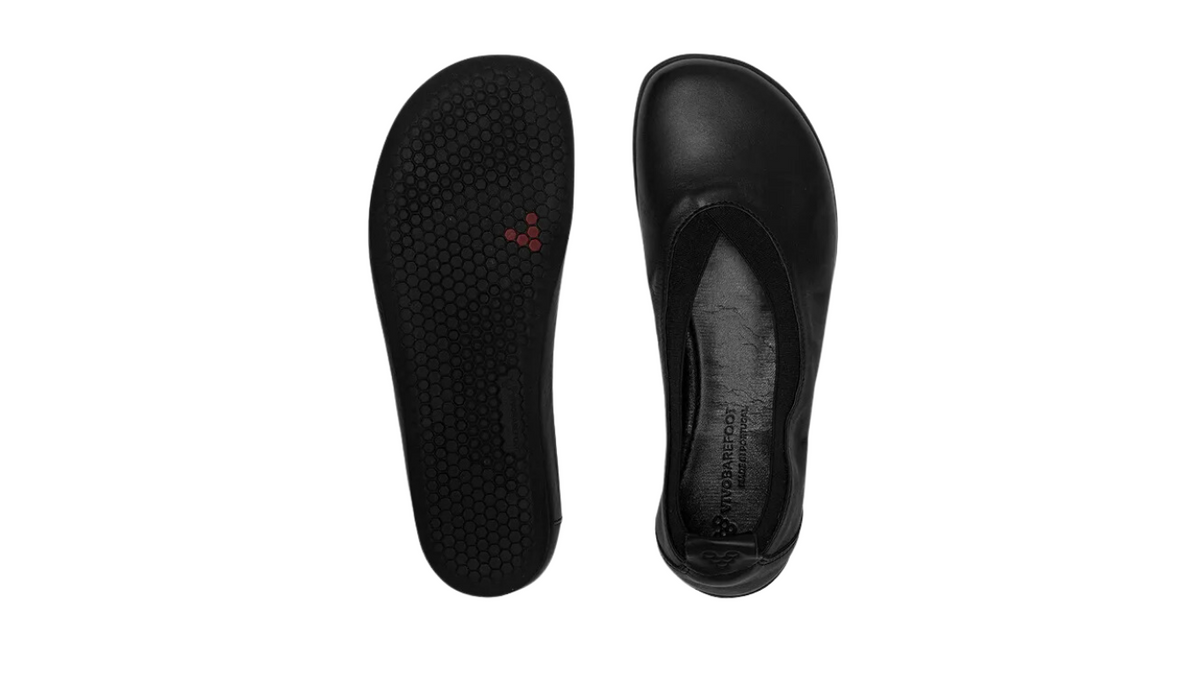Barfußschuh für Erwachsene ohne Verschluss mit breiter Zehenbox und geschlossenem Fersenbereich, Ansicht von unten und Draufsicht