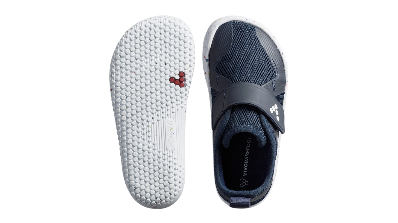 Barfußschuh für Kinder, geschlossene Zehen und geschlossener Fersenbereich, Klettverschluss, flexible Sohle, Ansicht von unten und Draufsicht