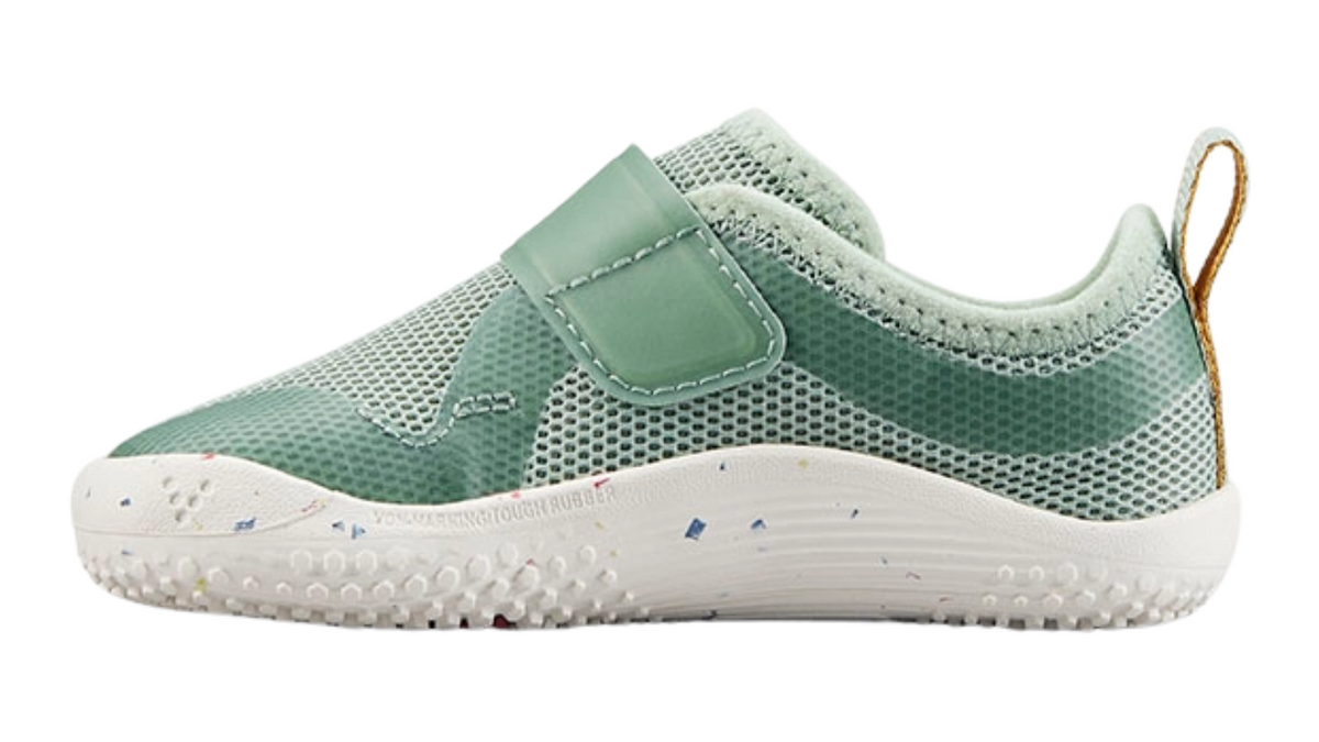 Barfußschuh für Kinder, geschlossene Zehen und geschlossener Fersenbereich, Klettverschluss, flexible Sohle, Einzelschuh, Seitenansicht innen