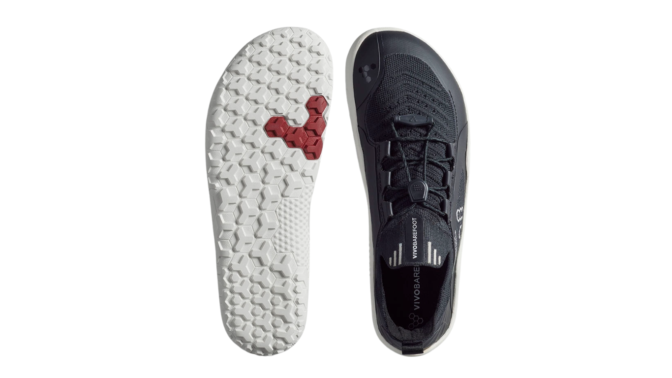 Barfußschuh mit Schnellverschluss, breite Zehenbox, flexible Sohle, geschlossener Fersenbereich, Ansicht von unten und Draufsicht