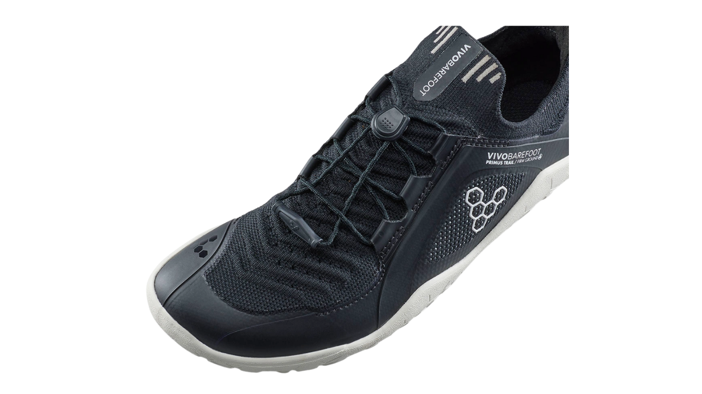 Barfußschuh mit Schnellverschluss, breite Zehenbox, flexible Sohle, geschlossener Fersenbereich, Detailansicht Zehenbox
