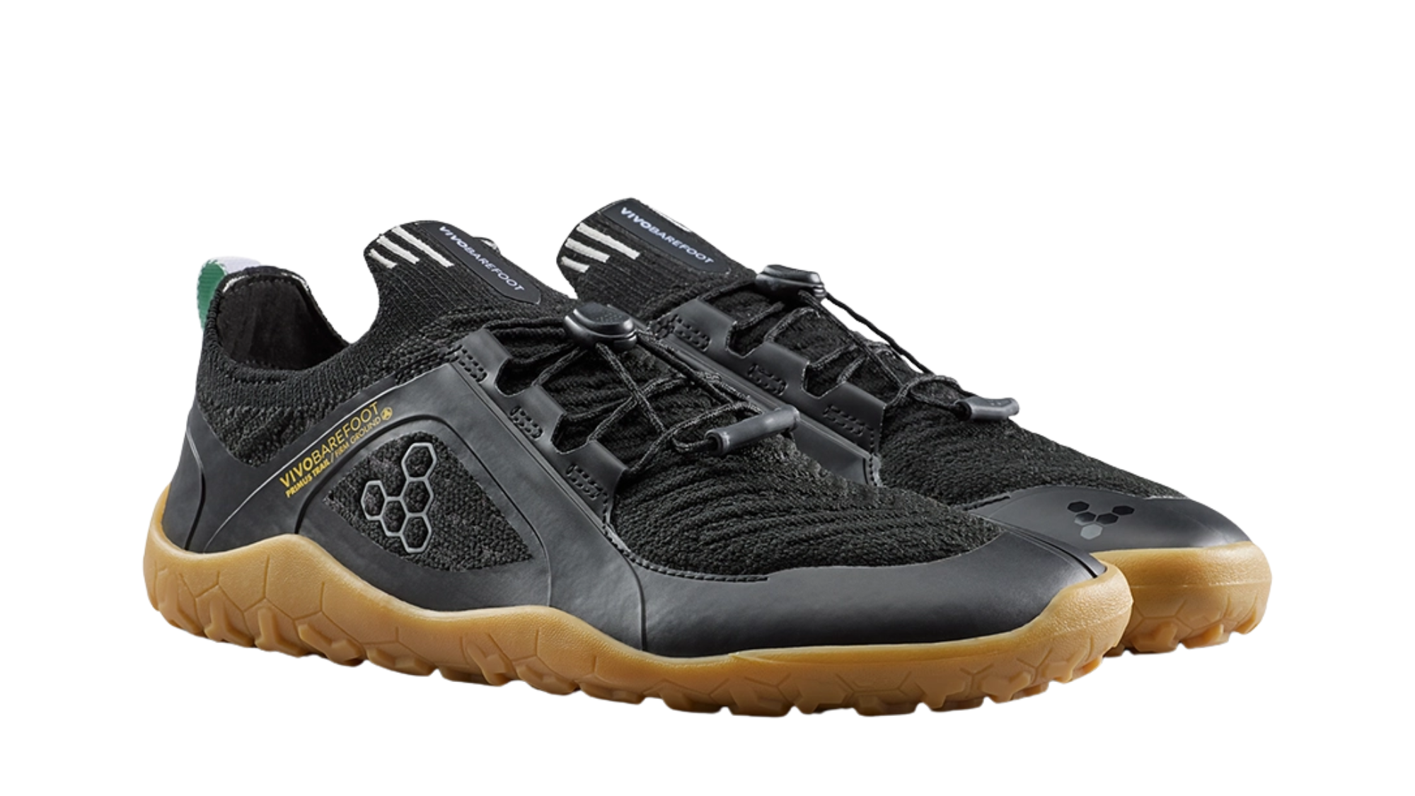 Barfußschuh mit Schnellverschluss, breite Zehenbox, flexible Sohle, geschlossener Fersenbereich, schräge Vorderansicht als Paar