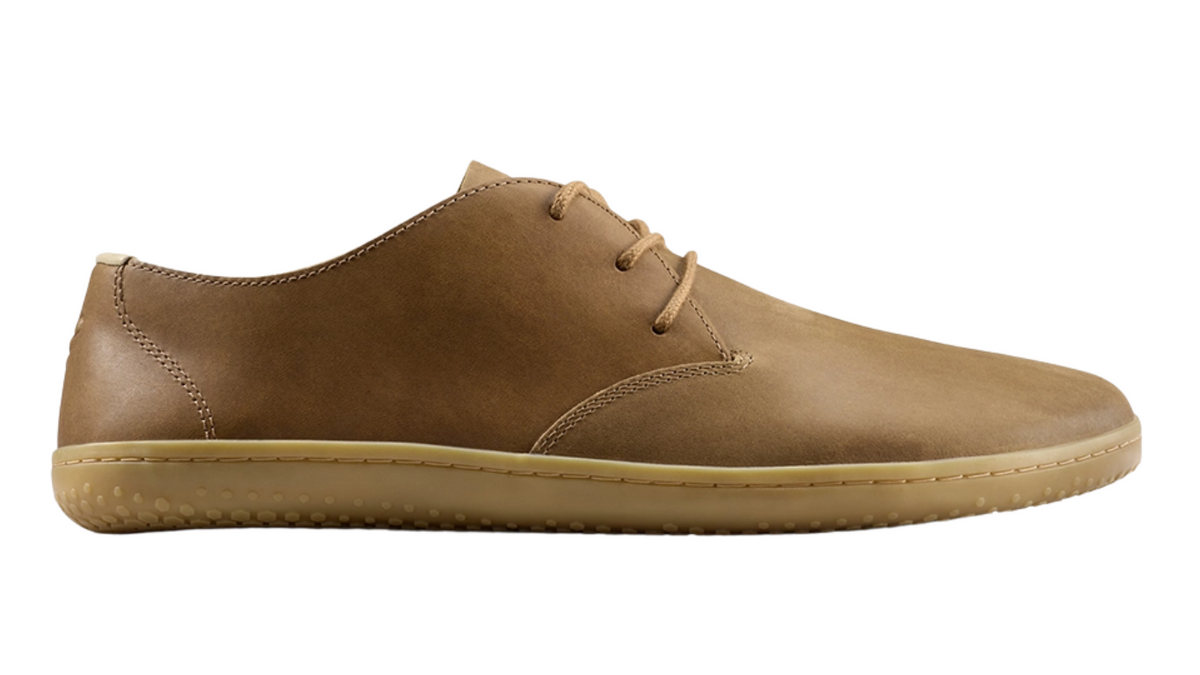 Barfußschuh für Erwachsene mit Schnürung, breiter Zehenbox und geschlossenem Fersenbereich, Seitenansicht außen