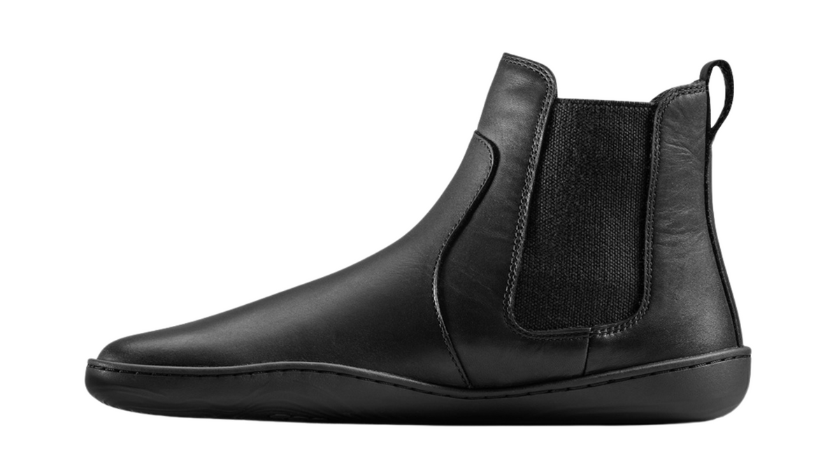 Chelsea-Barfußschuh für Erwachsene mit Elastikeinsatz, Zugschlaufe und geschlossener Fersenpartie, Seitenansicht innen