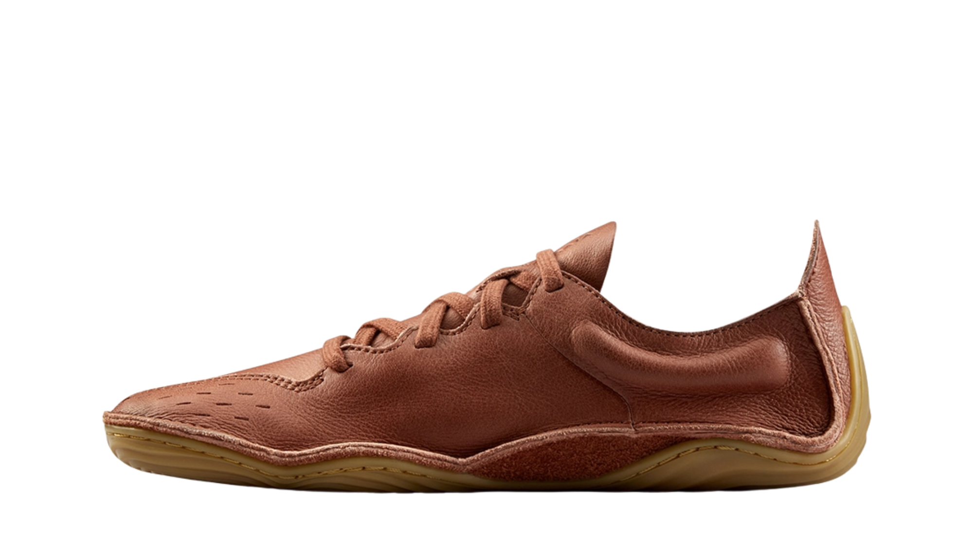 Barfußschuh mit Schnürung, breite Zehenbox, flexible Sohle, geschlossener Fersenbereich, Seitenansicht innen, einzelner Schuh