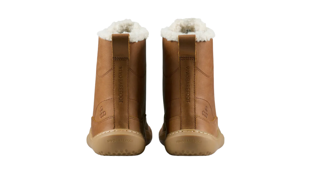 Paar gefütterte Barfußboots für Erwachsene mit Schnürung, hohem Schaft und Fersenschlaufen, Rückansicht
