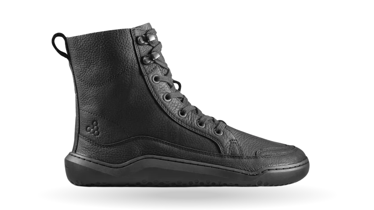 Barfußstiefel für Erwachsene mit Schnürung, breiter Zehenbox und flexibler Sohle, Seitenansicht außen