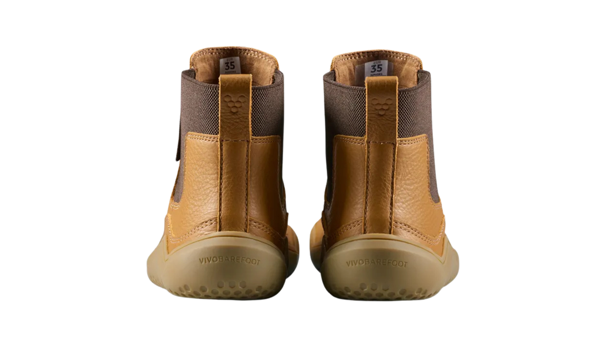 Kinder-Chelsea-Barfußstiefel als Paar mit geschlossenen Fersen, elastischen Seiteneinsätzen und Zugschlaufen, Rückansicht