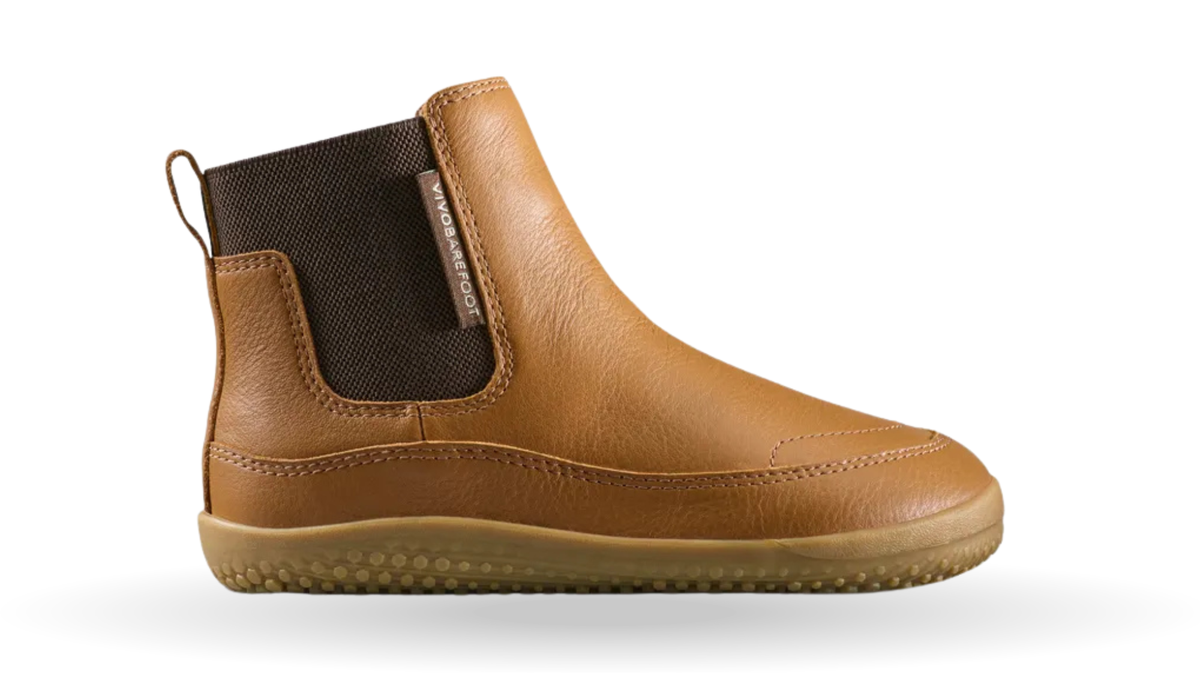 Kinder-Chelsea-Barfußstiefel mit breiter Zehenbox, elastischem Seiteneinsatz und geschlossener Ferse, Seitenansicht außen