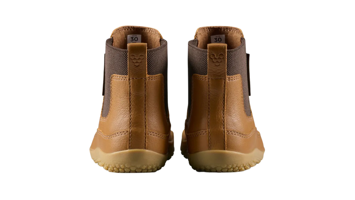 Kinder-Chelsea-Barfußstiefel als Paar mit geschlossener Ferse, elastischen Seiteneinsätzen und Zugschlaufen, Rückansicht
