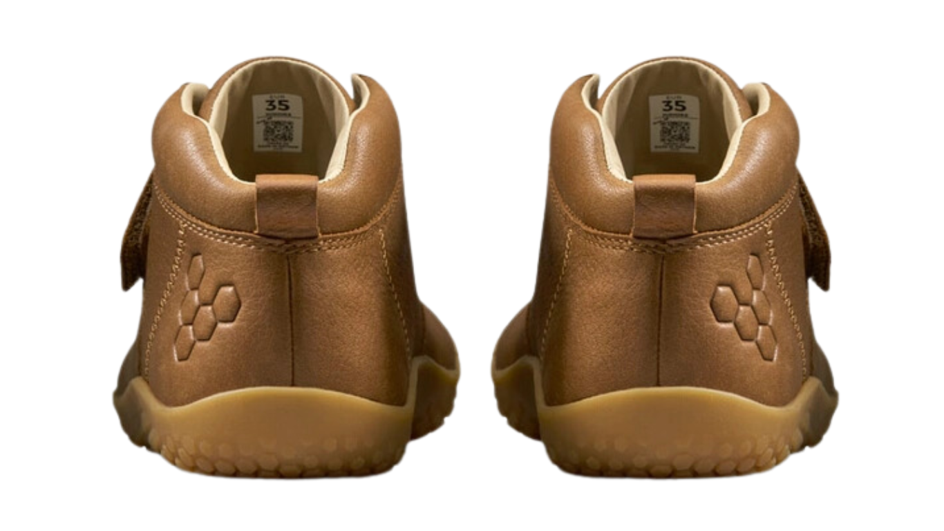 Barfußschuh für Kinder mit Klettverschluss und elastischem Schnellverschluss, breiter Zehenbox und geschlossenem Schaft, Rückansicht als Paar