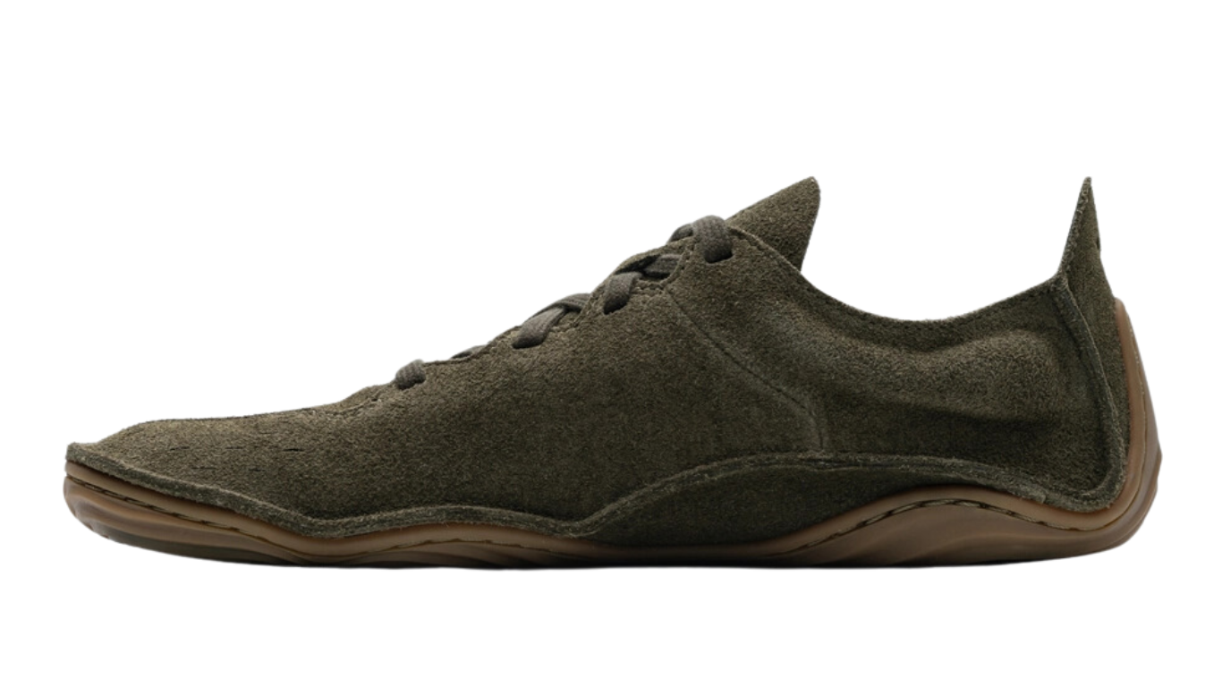 Barfußschuh mit Schnürung, breite Zehenbox, flexible Sohle, geschlossener Fersenbereich, Seitenansicht innen, einzelner Schuh