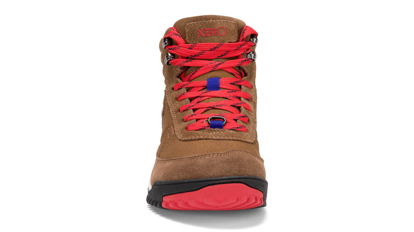 Barfußwanderstiefel, geschlossene Zehen und geschlossener Fersenbereich, Schnürung mit Ösen, profilierte Sohle, einzelner Schuh, Vorderansicht