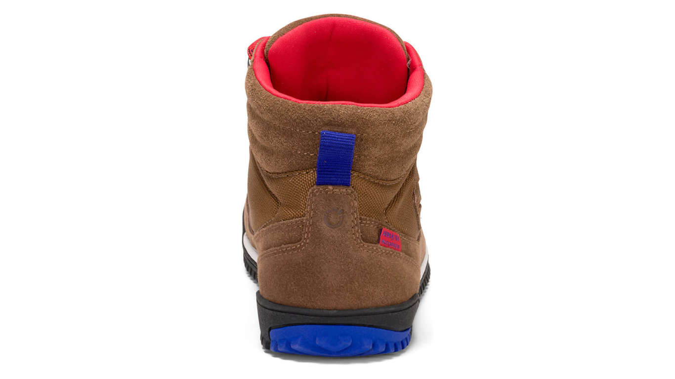 Barfußwanderstiefel, geschlossene Zehen und geschlossener Fersenbereich, Schnürung mit Ösen, profilierte Sohle, einzelner Schuh, Rückansicht