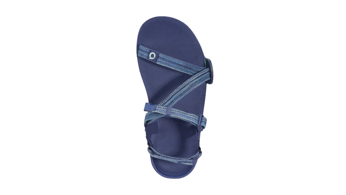 Barfußsandale, offene Zehen und offener Fersenbereich, Riemenkonstruktion mit verstellbaren Riemen, profilierte Sohle, Einzelschuh, Draufsicht