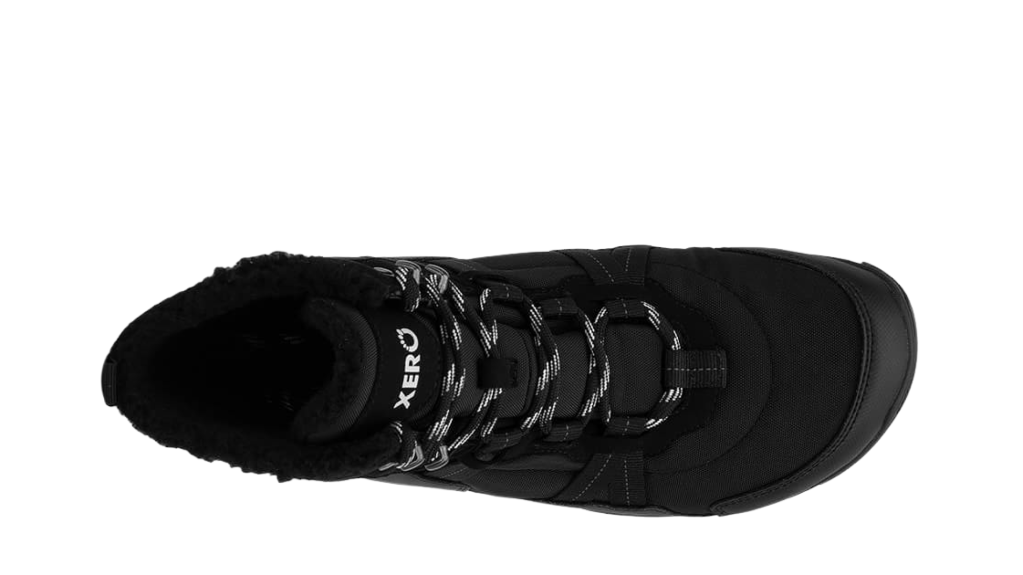 Barfußwinterstiefel, geschlossene Zehen und geschlossener Fersenbereich, Schnürung mit Ösen, profilierte Sohle, einzelner Schuh, Draufsicht