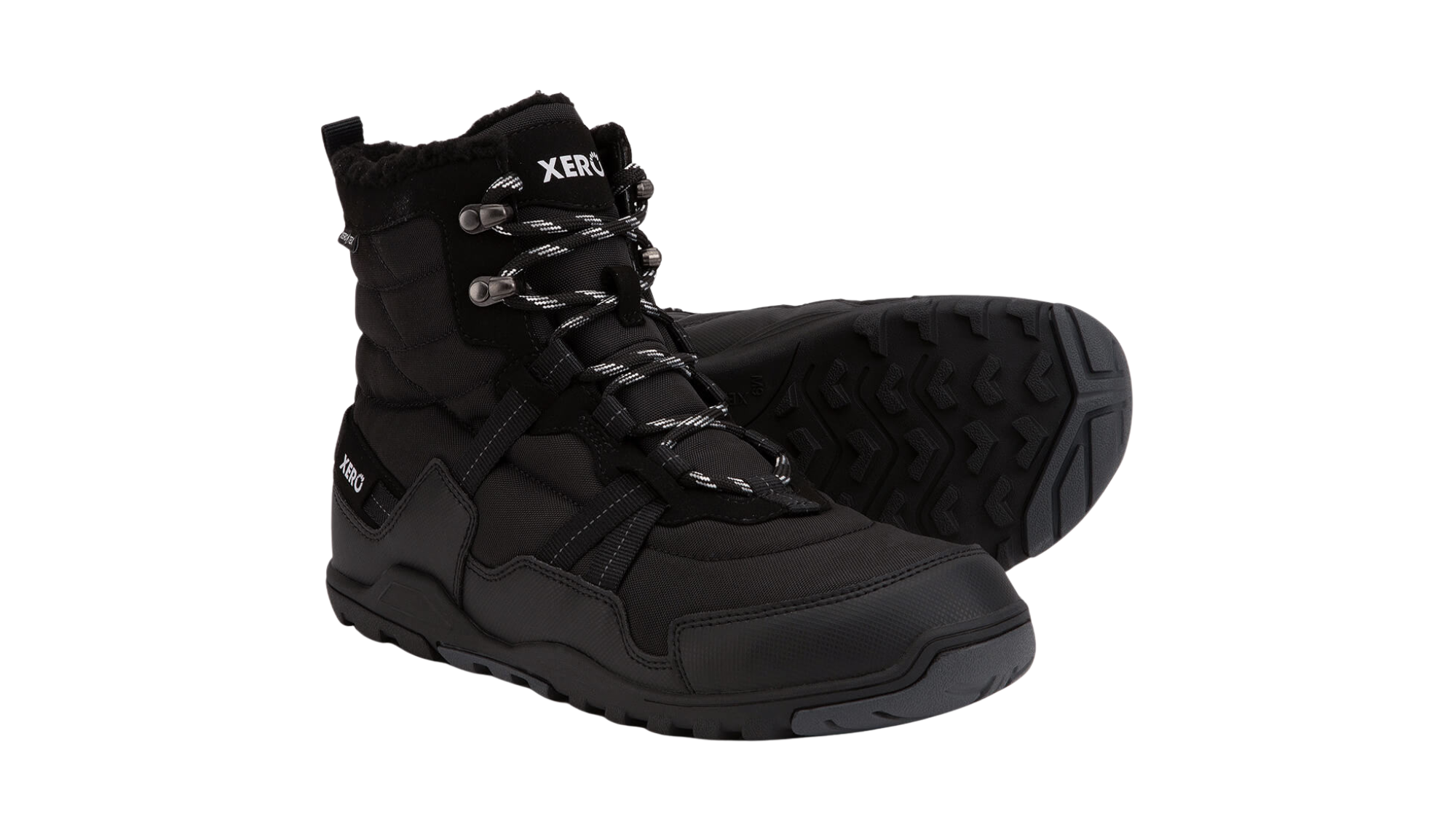 Barfußwinterstiefel, geschlossene Zehen und geschlossener Fersenbereich, Schnürung mit Ösen, profilierte Sohle, Paar, schräge Vorderansicht und Ansicht von unten