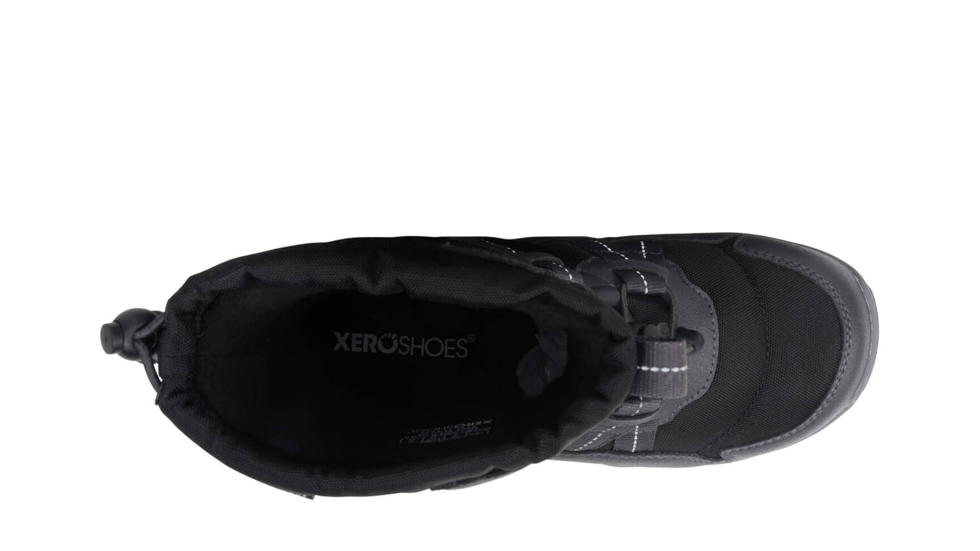 Barfußwinterstiefel als Einzelschuh, geschlossene Zehen und geschlossener Fersenbereich, Schnürung mit Kordelzug, profilierte Sohle, Draufsicht